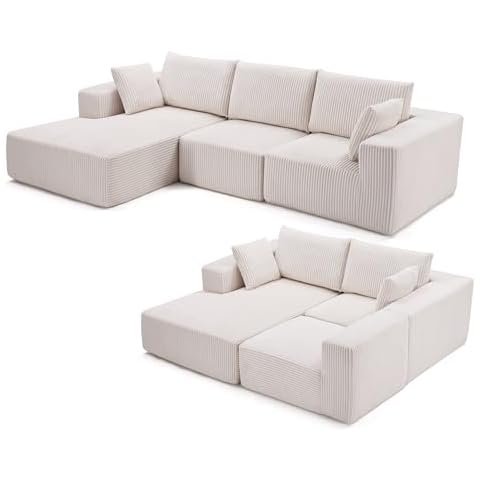 Huatean Home 108” Modular Sectional Sofa, Sponge Sectional Sofa Couch for Living Room, Modular L-Shape Sofa Couch with Chaise, Ivory Cover