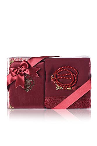 Muslim Prayer Rug, Yaseen Surah Pocket-Size Book, Fancy Shawl & Prayer Beads, Perfect Islamic Gift I Mawlid Gift I Suitable for Women,Kids I Soft Islamic Rug | Islamic Ramadan Eid Gifts (Red)