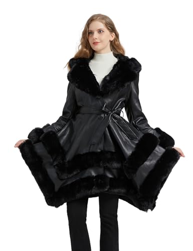 GRAN ORIENTE Fashion Faux Leather and Fur Jacket,Winter Sexy Collar Parka Coat Dress for Women with Belt and Hood2