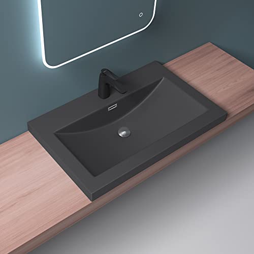 Mai & Mai Waschbecken Einbauwaschbecken Waschschale Waschtisch Mineralguss Matt Anthrazit 1 Armaturenloch Überlauf-Funktion Breite: 76,5cm Col01