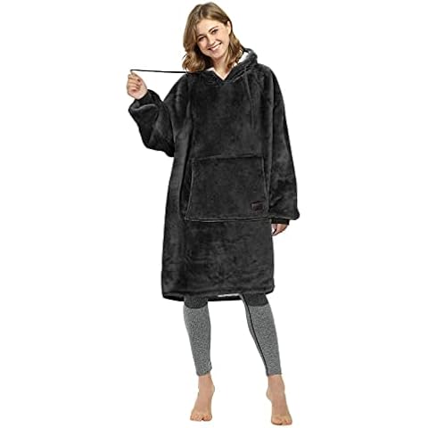 Catalonia Women’s Sherpa Hoodie Sweatshirt Dress, Casual Snuggle Wearable Blanket Pullover Sweater with Kangaroo Pocket, Warm and Soft, Gift for Her Black Cover