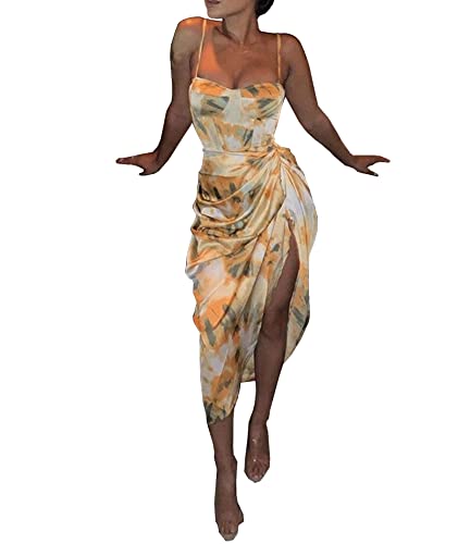 xxxiticat Women's Ruched Abstract Print Satin Dress Sleeveless Spaghetti Straps Pineapple High Split Asymmetric Midi Dress