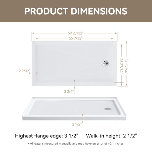 Image of HOROW 60 inch x 32 inch Shower Base, Right Drain Shower Pan, Low Profile Acrylic Base with Reinforced Fiberglass, Non-Slip Surface, Stainless Steel Drain Cover, Leak-Resistant for Bathroom