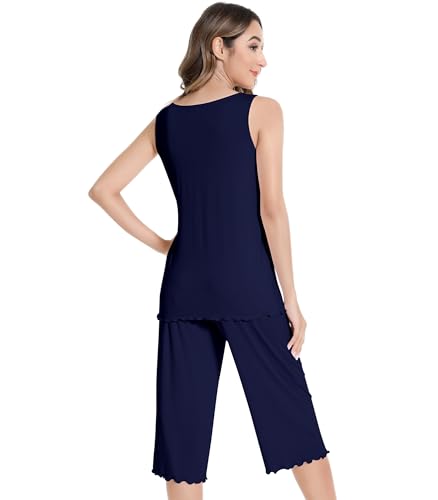 Image of NACHILA Women's Pajamas-Viscose made from Bamboo, V Neck Pjs Top with Capri Pants Pajama Set Sleeveless Sleepwear