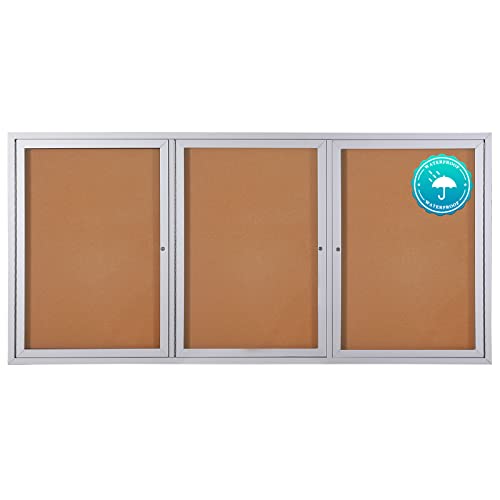 Swansea Weather Resistant Enclosed Bulletin Board Cork Displays Boards Wall Mounted Notice Board with Three Locking Doors, 70x36 inches