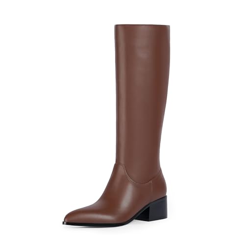 Modatope Knee High Brown Boots for Women Low Block Heel Long Boots Fashion Pointed Toe Fall Tall Boots Size 7