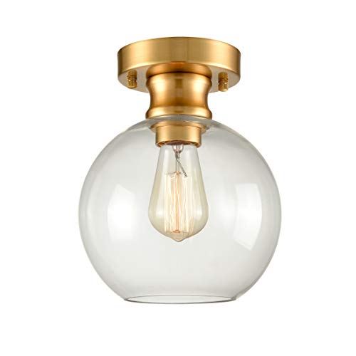 Image of 7.87 inch Gold Semi Flush Mount Ceiling Light Globe Clear Glass Shade | Mid-Century Modern Ceiling Light Fixture Anti-Rust for Living Room Bedroom Hallway