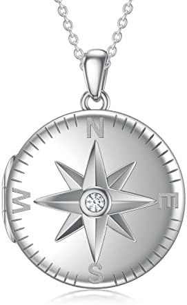 MUUYON Personalized Compass Photo Locket Necklace, Custom Locket Necklace That Hold Picture for Women, Sterling Silver Customized Jewelry for Women Ladies Mom Sisters Brothers (Cubic Zirconia)