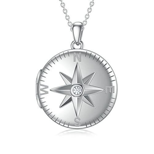 Muuyon Personalized Compass Photo Locket Necklace, Custom Locket Necklace That Hold Picture For Women, Sterling Silver Customized Jewelry For Women Ladies Mom Sisters Brothers (Cubic Zirconia) #TOP3