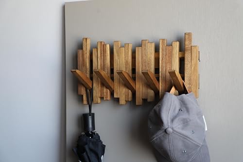 Image of Natural Wood Wall Mounted Piano Coat Rack| Coat Rack Wall Mount| Flip Down Wall Hook Rack 5 Hooks| Entryway Wall Art Hook,Made of Acacia Wood (Wood Wax Oil staining Light Brown).