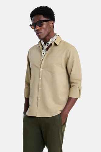Image of SNITCH Men Casual Shirt | Regular Fit Full Sleeve Spread Collar Solid Pattern | Breathable Cotton Linen Blend & Lightweight Fabric for Summer, Vacation & Smart Casual Wear