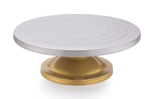Image of Cake Decorating and Icing Turntable /Serving Stand, 360 Smooth Rotating Cake Stand, Silver Top & Golden Bottom, 12 Inch (30 cm) Diameter Fiber Cake Turntable (Rotating)
