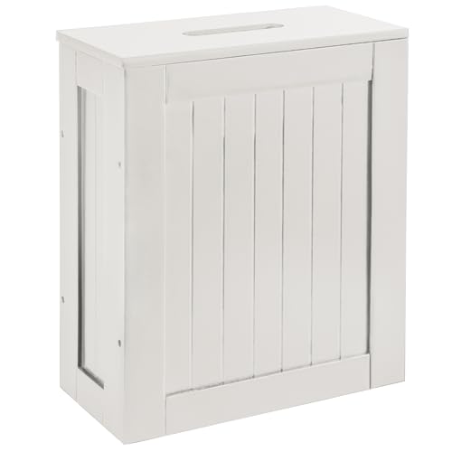 HYLT Bathroom Storage Unit Freestanding Toilet Roll Cabinet & Slim Wooden Organizer Compact Multi-Purpose Storage Box for Toilet Rolls Cleaning Supplies & Toiletries (White)