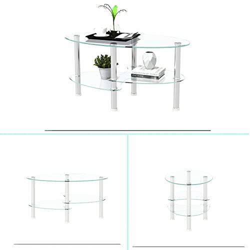 Eansstofars Small Modern Tempered Glass Coffee Table With 3 Tier, Low Clear Oval End Table With Stainless Steel Leg, Transparency,Perfect For Indoor, Liviing Room,Office #TOP4