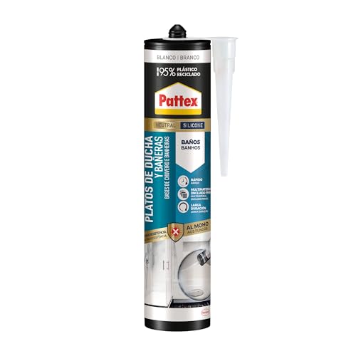 Pattex Sellador Platos de Ducha y Bañeras (280 ml), silicona blanca neutra con máxima resistencia al moho, silicona blanca antimoho para acabados y sellados de juntas en cuartos de baño y cocinas