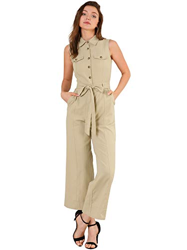 Allegra K Women's Wide Leg Jumpsuit 2024 Sleeveless Collared Tie Waist Coverall Button Down Cargo Jumpsuits Large Khaki