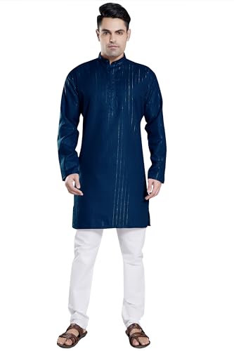 Image of DIVISIVE Men's Self Zari Line Cotton Blend Slim Fit Kurta Pyjama Set