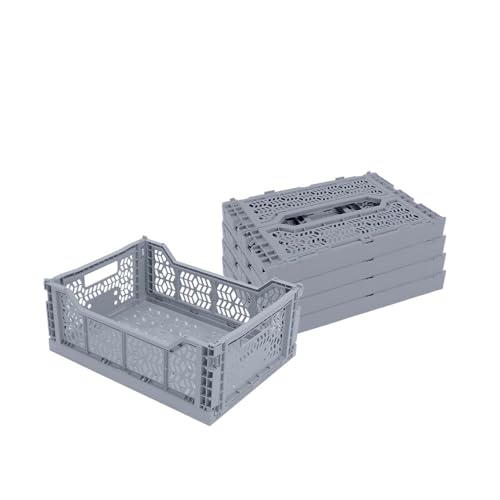 Box and beyond - Lot de 4 Caisses de Rangement pliables - 40 x 30 x 15 cm - Plastique Gris Clair - Pliables - Avec Poignées - Rangement - Cuisine, Bureau, Chambre, Salon - Style Simple et Pratique