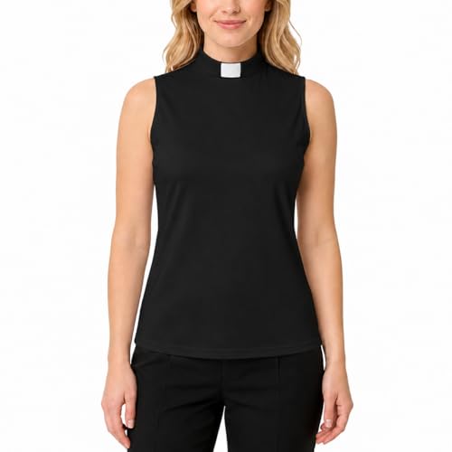 Womens Clergy Sleeveless T-Shirt Tab Collar Clergy Minister Priest Outfit Priest Costume Shirt Tops Black