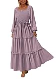 PRETTYGARDEN Women's Spring Long Sleeve Smocked Maxi Dress Casual Square Neck Swiss Dot Tiered Ruffle Flowy Pocket Dresses (Grey Purple,X-Large)
