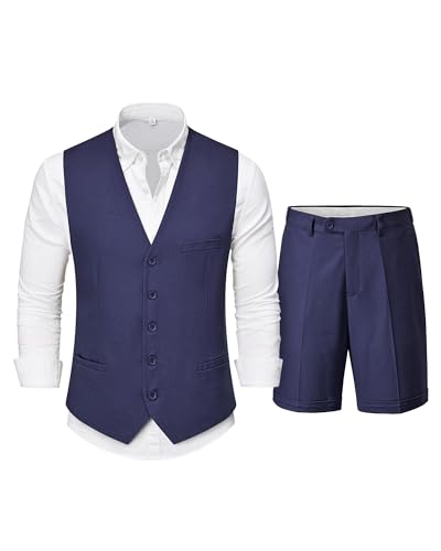 Hihawk Men’s 2-Piece Linen Vest Pants, Lightweight Waistcoat Shorts, Casual Wedding Beach Summer Prom Homecoming Outfit