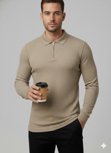 Image of Mack Jonney Men's Premium Ribbed Half-Zip Polo T-Shirt | Long Sleeve Soft Stretch Fabric | Stylish Casual & Smart Wear Top-M6783