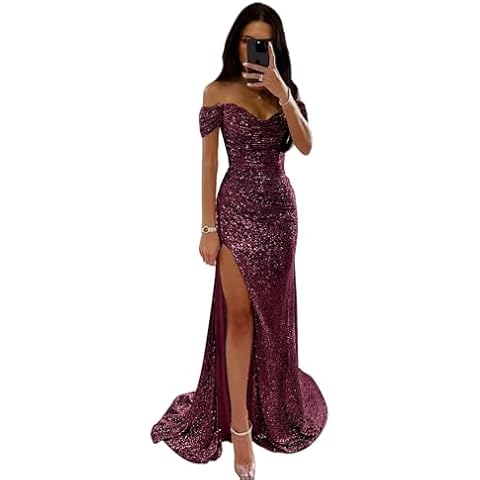 Zuddth Off Shoulder Sequin Prom Dress for Women Sparkly Mermaid Formal Evening Dresses with Silt Burgundy Cover