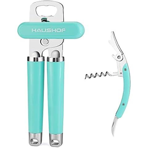 HAUSHOF 2PC Multifunctional Can Opener Set, Can Opener Manual with Comfortable Grip and Sharp Blade, Built in Bottle Opener, Wine Opener Cover