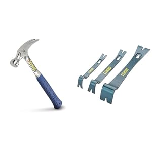 ESTWING Hammer – 16 oz Straight Rip Claw with Smooth Face & Shock Reduction Grip – E3-16S & 3-Piece Pry Bar Set – 5.5″, 7.5″ & 10″ Nail Pullers with Wide, Thin Blades