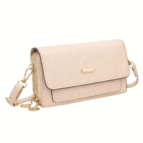 Bolsa Feminina Transversal com Alça Ajustável Crossbody Pequena de Couro Sintético Tipo Clutch, carteira feminina com Zíper e Bolso para Celular Ideal para Viagem e Dia a Dia (Bege)