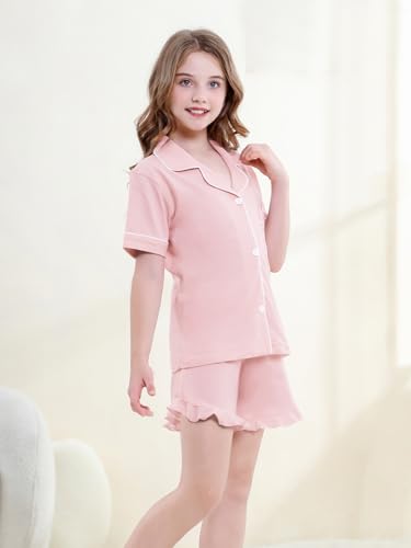 QZH.DUAO Girls Pajama Sets 100% Cotton Sleepwear Button Down Short Sleeve With Ruffle Shorts 2 Piece PJS 5-144