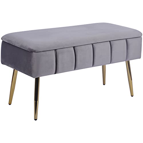 Soft Ass Modern Fashion Velvet Storage Bench Upholstered Footrest Ottoman With Gold Metal Legs For Living Room Bedroom Home Office - Dark Grey #TOP1