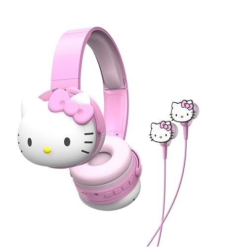Hello Kitty 2-in-1 Wireless Bluetooth Headphones with Wired Earbuds – Foldable Over-Ear Headset with Built-in Mic, AUX Cable, Adjustable Headband, and Onboard Controls – Pink