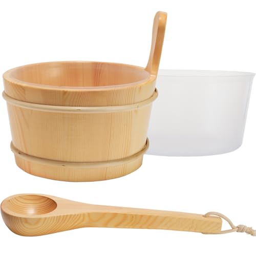 Sauna Bucket and Ladle Set, Wooden Sauna Bucket Sauna Accessories, LuxurySauna Wood Bucket Kit 1 Gallon (4 Liters) for Sauna Steam Room Indoor Outdoor