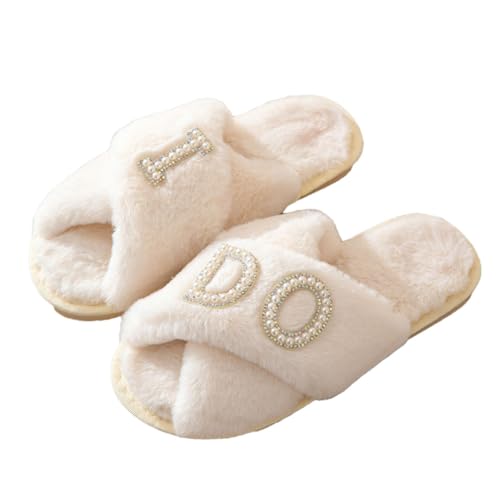 Solyinne Bride Slippers I Do Slippers Women's Wedding Shoes for Bride Plush Furry Warm White Open Toe for Bachelorette Party