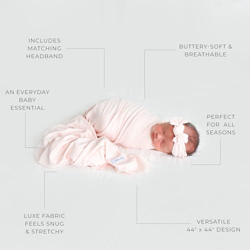 Posh Peanut Swaddle Blanket & Headband Set – Viscose from Bamboo Stretchy Baby Swaddle for Newborn Girls, Receiving Blanket or Nursing Cover (Sandy Blush)
