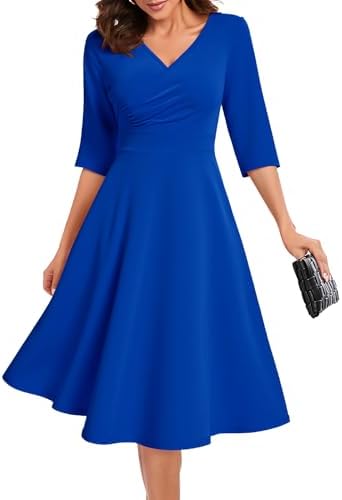 Vestido Vintage Formal Midi para Mujer – Cuello en V, Manga 3/4 y Estilo Elegante para Boda o Fiesta