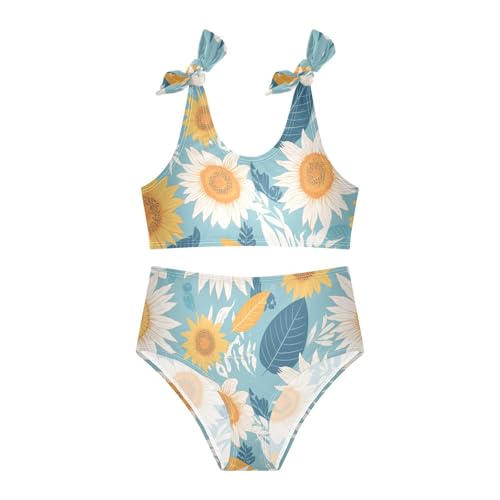 Boho Style Sunflowers Girls 2 Piece Kids Bikini Set Scoop Neck Bathing Suit Swimming Suits Adjustable Shoulder Strap3