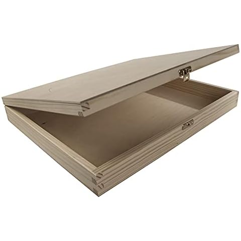 Large Shallow Wooden Box with Lid & Clasp | 36 x 30 x 5 cm | A4 Documents Valuables Keepsake Storage | Unpainted & Untreated Plain Decorative Pinewood for Craft Decoupage Cover