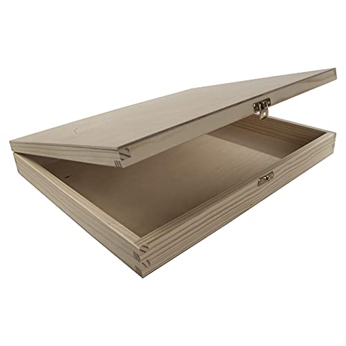 Caja grande de madera poco profunda con tapa y cierre | 36 x 30 x 5 cm | A4 Documentos Valuables Almacenamiento de recuerdos | Madera de pino decorativa