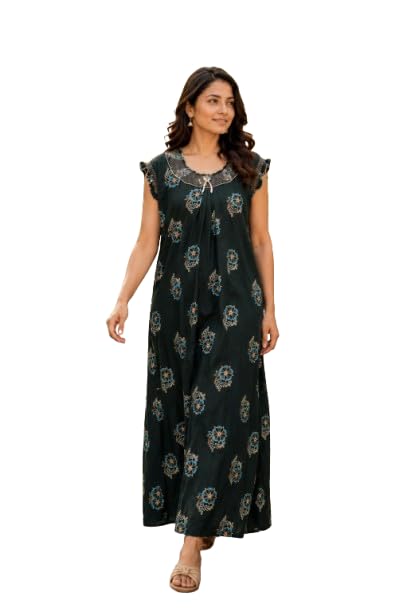 Women's Floral Print Nighty, Dark Teal, Sleeveless Maxi Night Dress with Lace Neckline and Pockets-picture-25