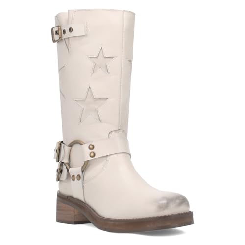 Image of Dingo Womens Blacklist Tooled Inlay Round Toe Pull On Motorcycle Casual Boots Mid Calf Mid Heel 2-3 inch