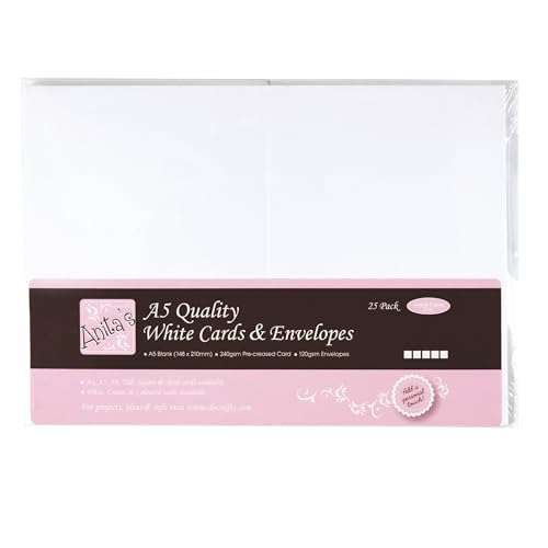 Anitas Plain Blank Cards & Envelopes A5 White Pack of 25 for Home Wedding Birthday Christmas Thank You Art & Craft Scrapbooking Supplies Baby Shower Card Making