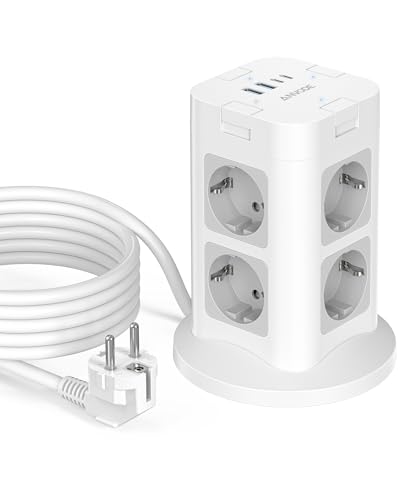 Steckdosenturm mit Schalter, 8 Fach Steckerleiste mit 4 USB, Steckdosenleiste Überspannungsschutz 1050J, 2M Verlängerungskabel Mehrfachsteckdose Steckdosenwürfel für Zuhause, Büro, Weiß