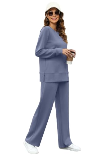 Image of OFEEFAN Women's 2 Piece Lounge Set Travel Airport Outfits Side Slit Tracksuit Wide Leg Loungewear Baggy Comfy Sweatsuit S-3XL