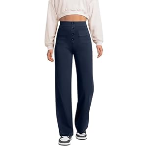 Weite Hose Damen Hohe Taille Sporthose Knopf Gerade Hosen mit Taschen Elastische Freizeithose