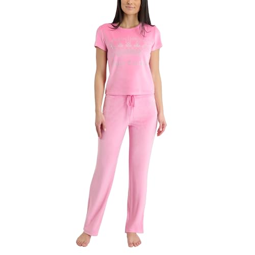 Image of Juicy Couture Women's 2 Piece Velvet Fleece Short Sleeve Shirt and Pants Lounge Sleepwear Set