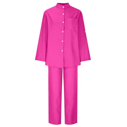 Conjunto de 2 peças de linho para mulheres, tops de botão, camisa de manga comprida, calça reta, lev
