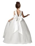 HEWEGO Cute Pearls Satin Tulle Flower Girls Dresses for Wedding V-Back Bow-Knot Little Girls Formal First Communion Easter Dress Ivory Size 6