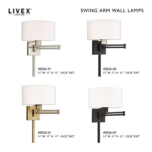 Image of Livex Lighting 40036-01 1-Light Swing Arm Wall Light, Antique Brass | Off-White Fabric Shade